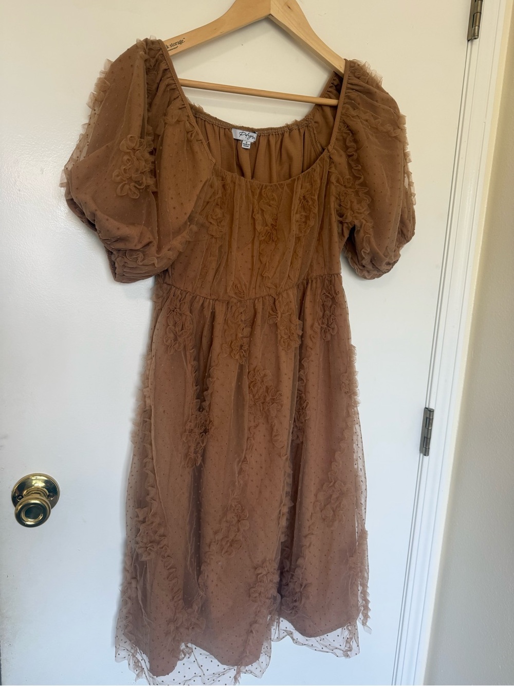 Women’s Challis Embroidered Puff Sleeve Dress - Brown